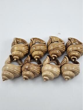 Set of 8 Ceramic Shell-Shaped Napkin Rings - Sandy Beige & Driftwood Brown